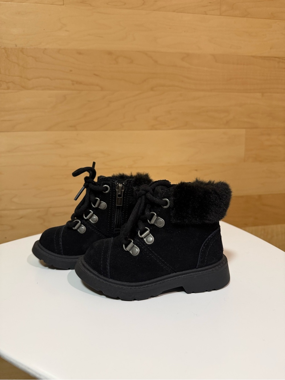 UGG Black Suede Fur-Trim Lace-Up Ankle Boots
